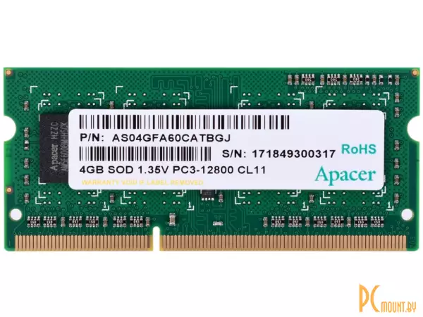 Память для ноутбука SODDR3L, 4GB, PC12800 (1600MHz), Apacer DV.04G2K.KAM AS04GFA60CATBGJ